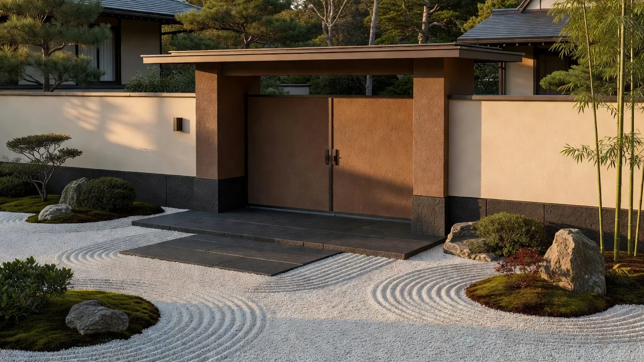 現代的な粘土と石造りのエントランス、温かな照明と庭園
